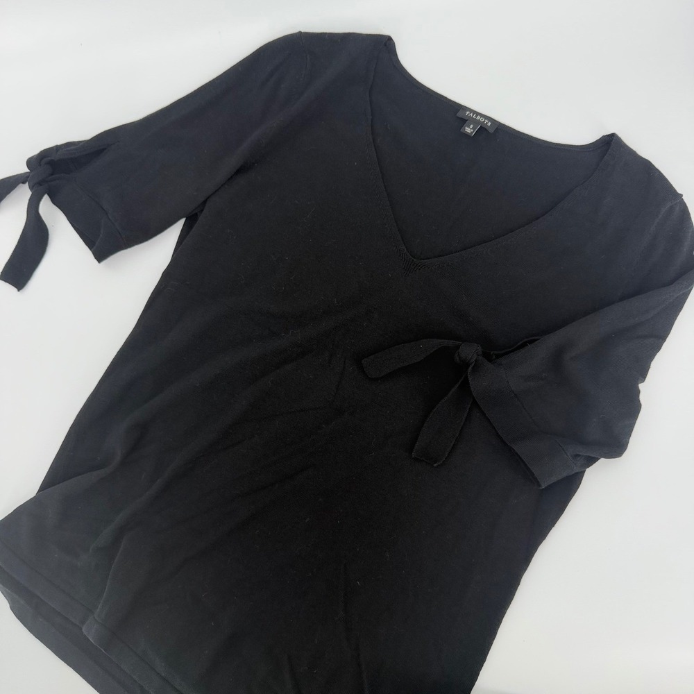 Talbots Black V-Neck Sweater Tie Cuff 3/4 Sleeve Cotton Rayon Knit Top Small